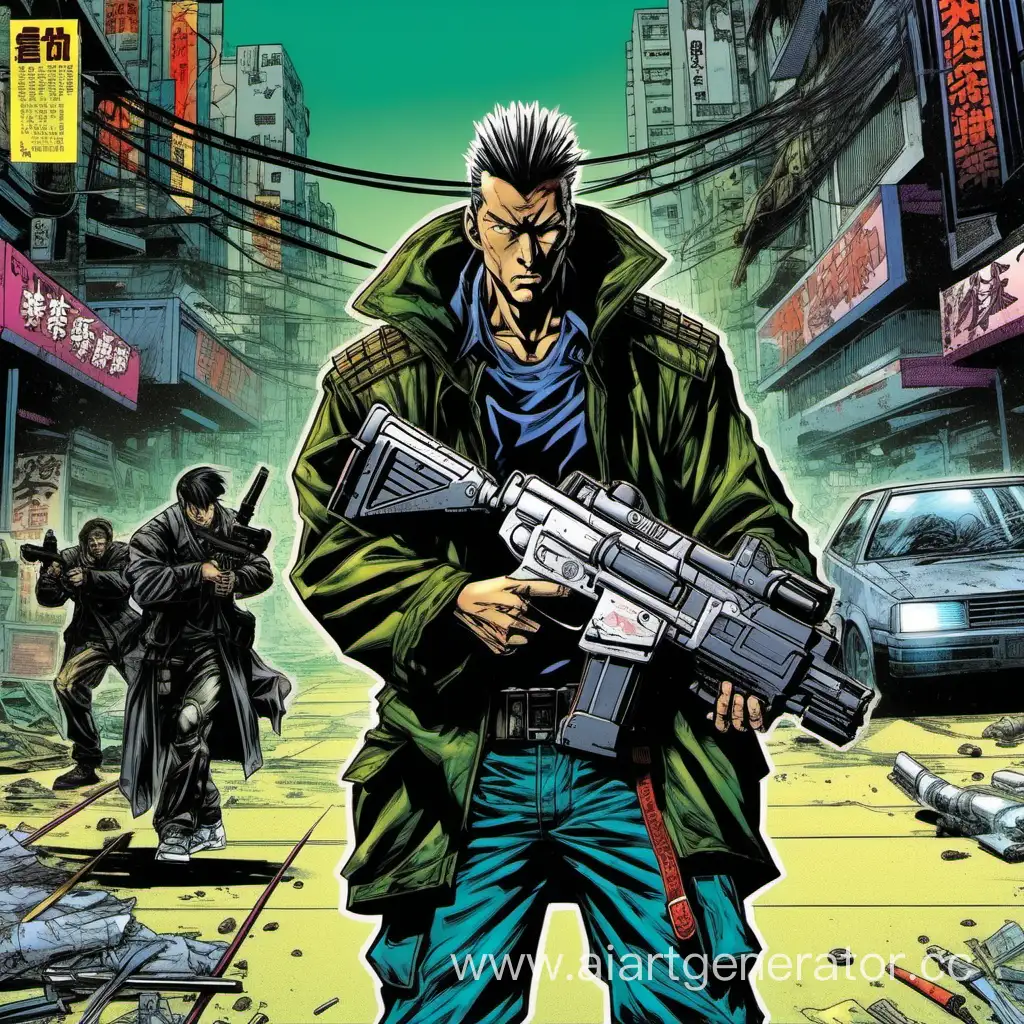 90s comics art, manga art, cyberpunk, street samurai, shooting smg, action scene, colored