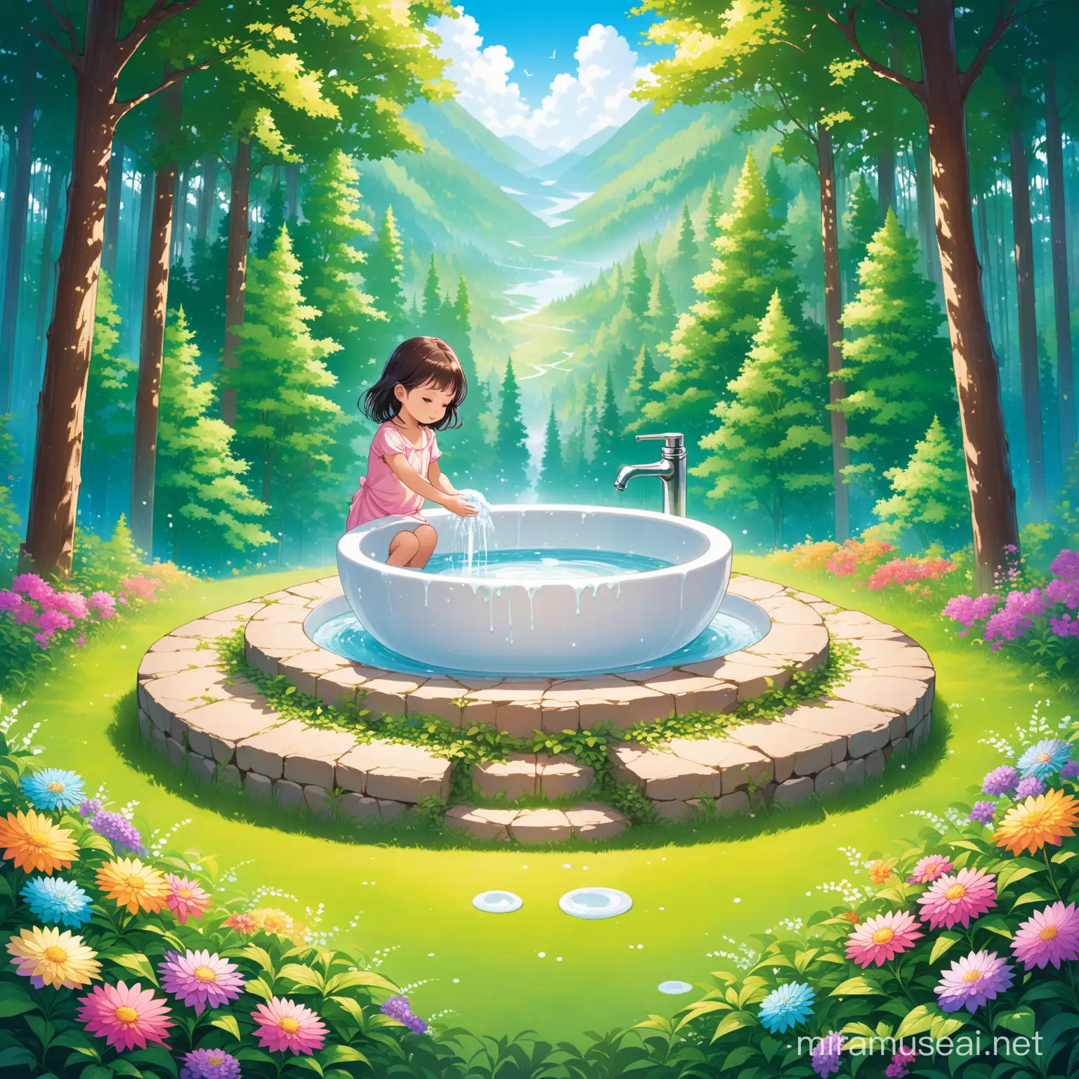 A visual illustration of collage created with a scenic view of summer forest with colorful blooms and greenery, along with a setup of luxury white wash-basin  kept in the center and a child washing hands from it