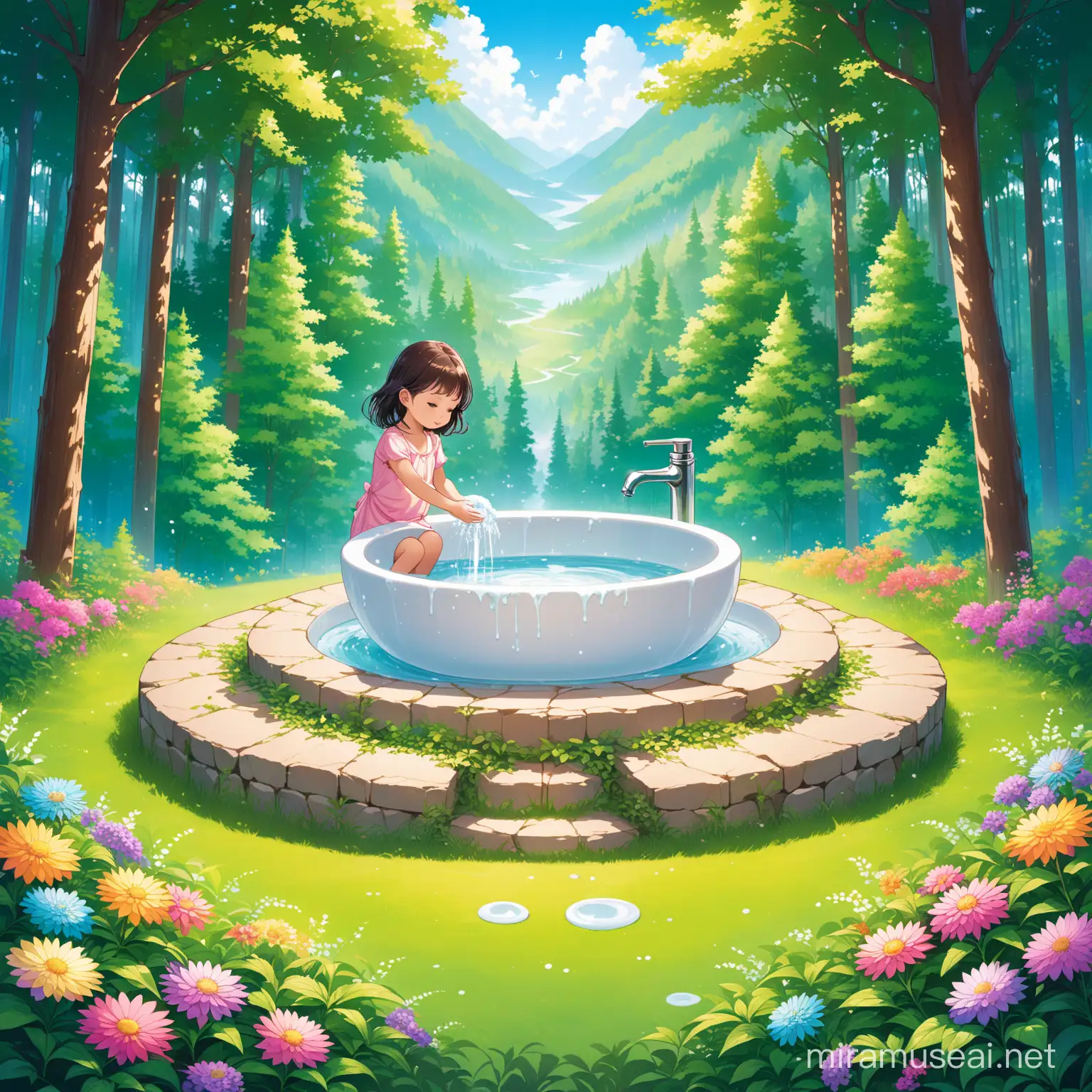 Child Washing Hands in Luxury Forest Scene