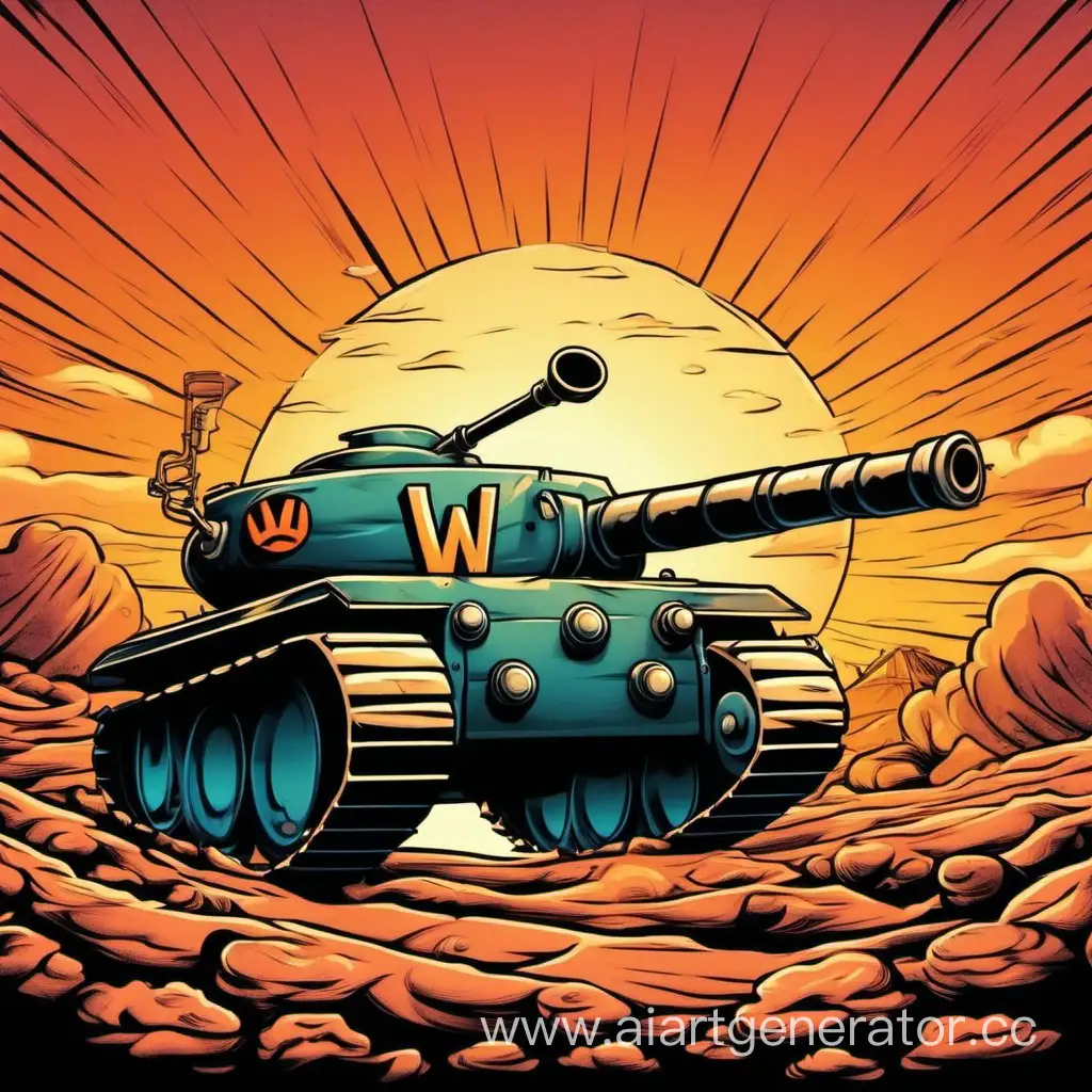 Cartoon-Tank-Silhouetted-Against-Vibrant-Sunset-with-W