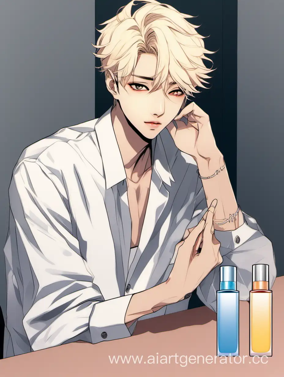 a man sitting in front of a table with bottles of nail polish, inspired by choi soo bin, tumblr, gel spiked blond hair, jinyoung shin aesthetic, headshot profile picture, official product image, short hair with gel, product introduction photo, innocent look. rich vivid colors, clean spot color, very very low quality picture, kanliu666, androgynous person Anime,Art ,