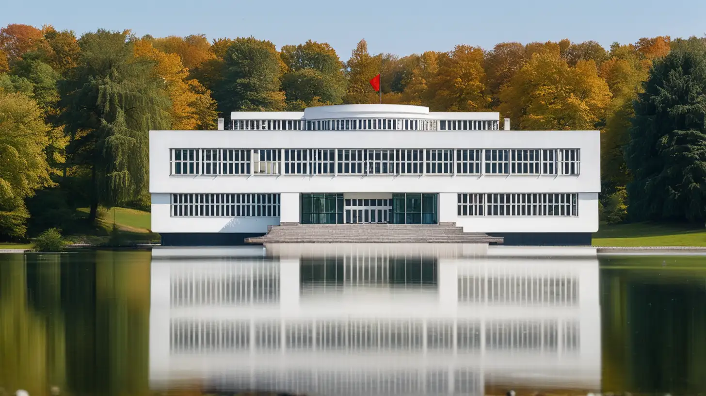 Architectural Elegance Bauhaus Palace Nestled on a Tranquil Island by the Lake