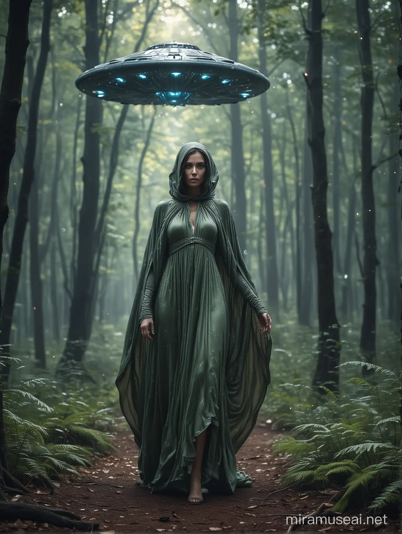Depictions of alien women arrival in deep forest, flying cloths, amazing dress, landing UFO in the background, hyperealistic, fantasy, bokeh effect.