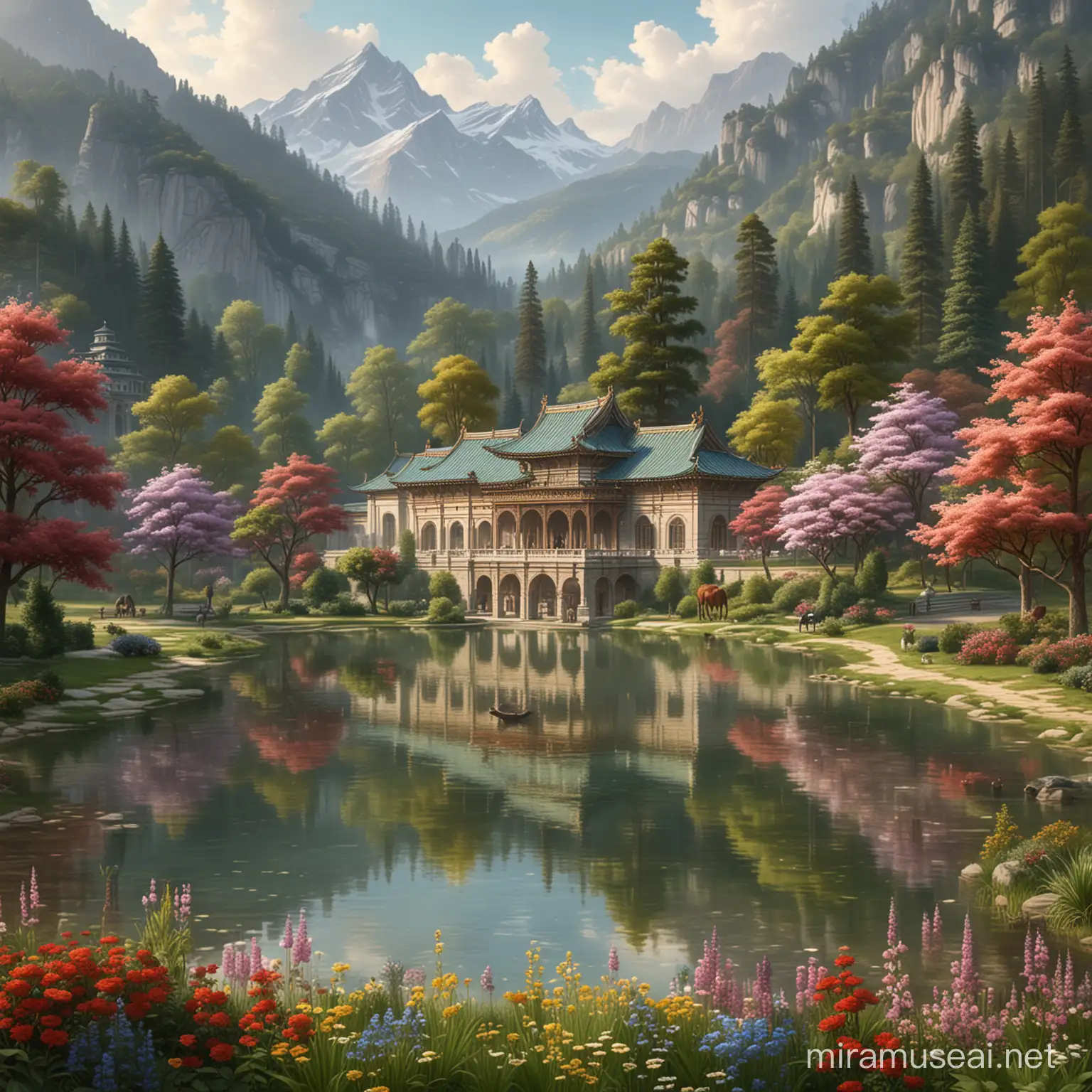 Tranquil Forest Palace Scene with Lake Horses and Mountains