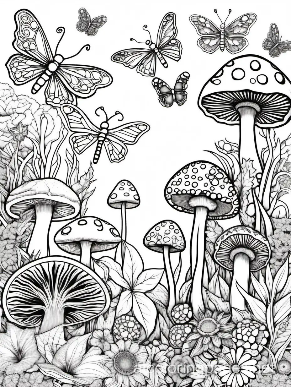 trippy mushrooms and flowers with butterflies and dragon flies, Coloring Page, black and white, line art, white background, Ample White Space. The outlines of all the subjects are easy to distinguish, making it simple for adults to color without too much difficulty., Coloring Page, black and white, line art, white background, Simplicity, Ample White Space. The background of the coloring page is plain white to make it easy for young children to color within the lines. The outlines of all the subjects are easy to distinguish, making it simple for kids to color without too much difficulty