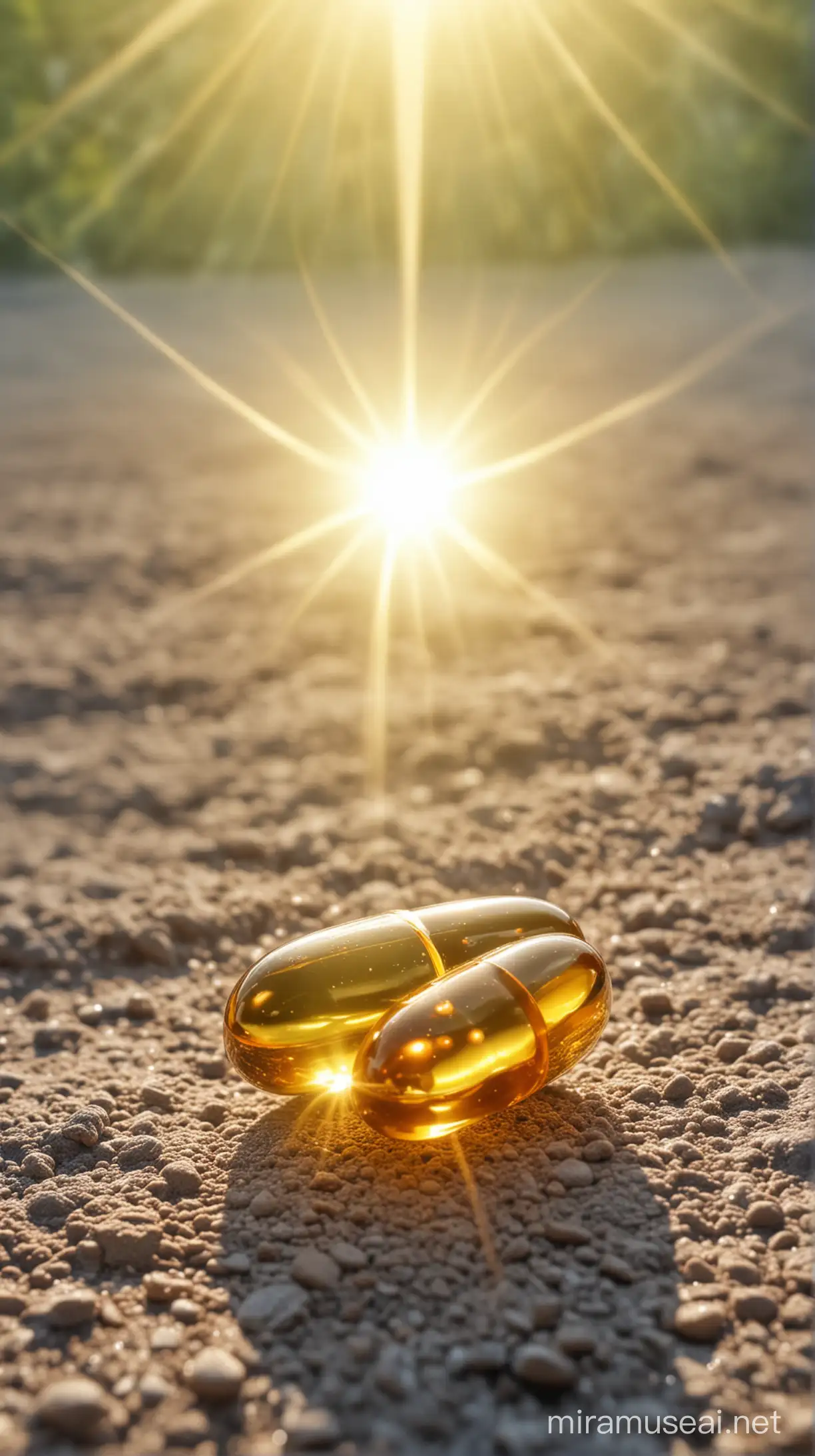 vitamin k capsule, natural background, sun light effect, 4k, HDR, morning time weather