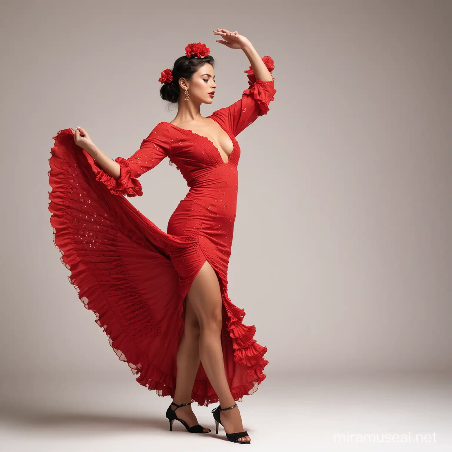 Elegant Flamenco Dancer Performing with Passion on White Background