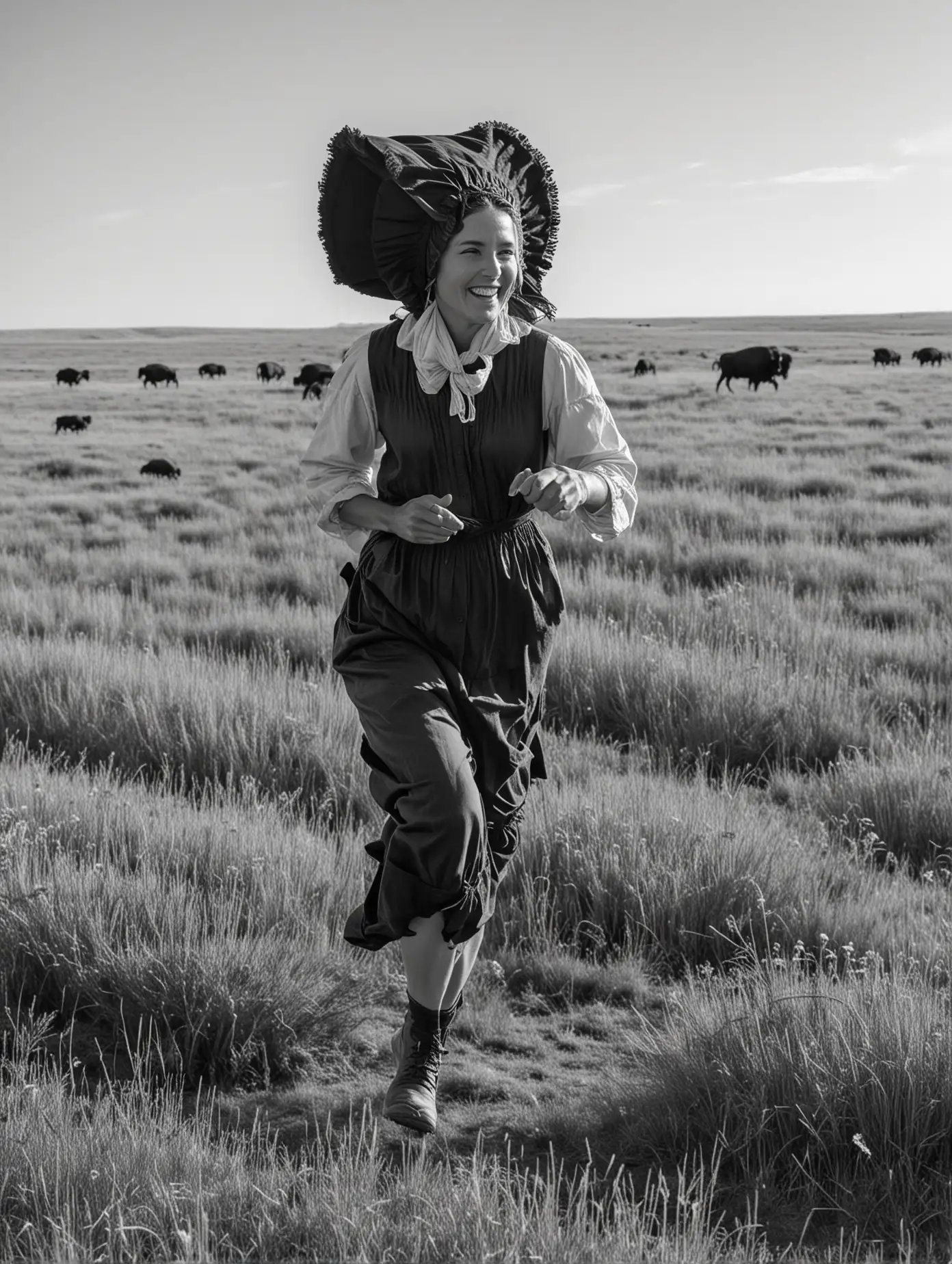 Prairie Pioneer Woman Running with Buffalo in Black and White