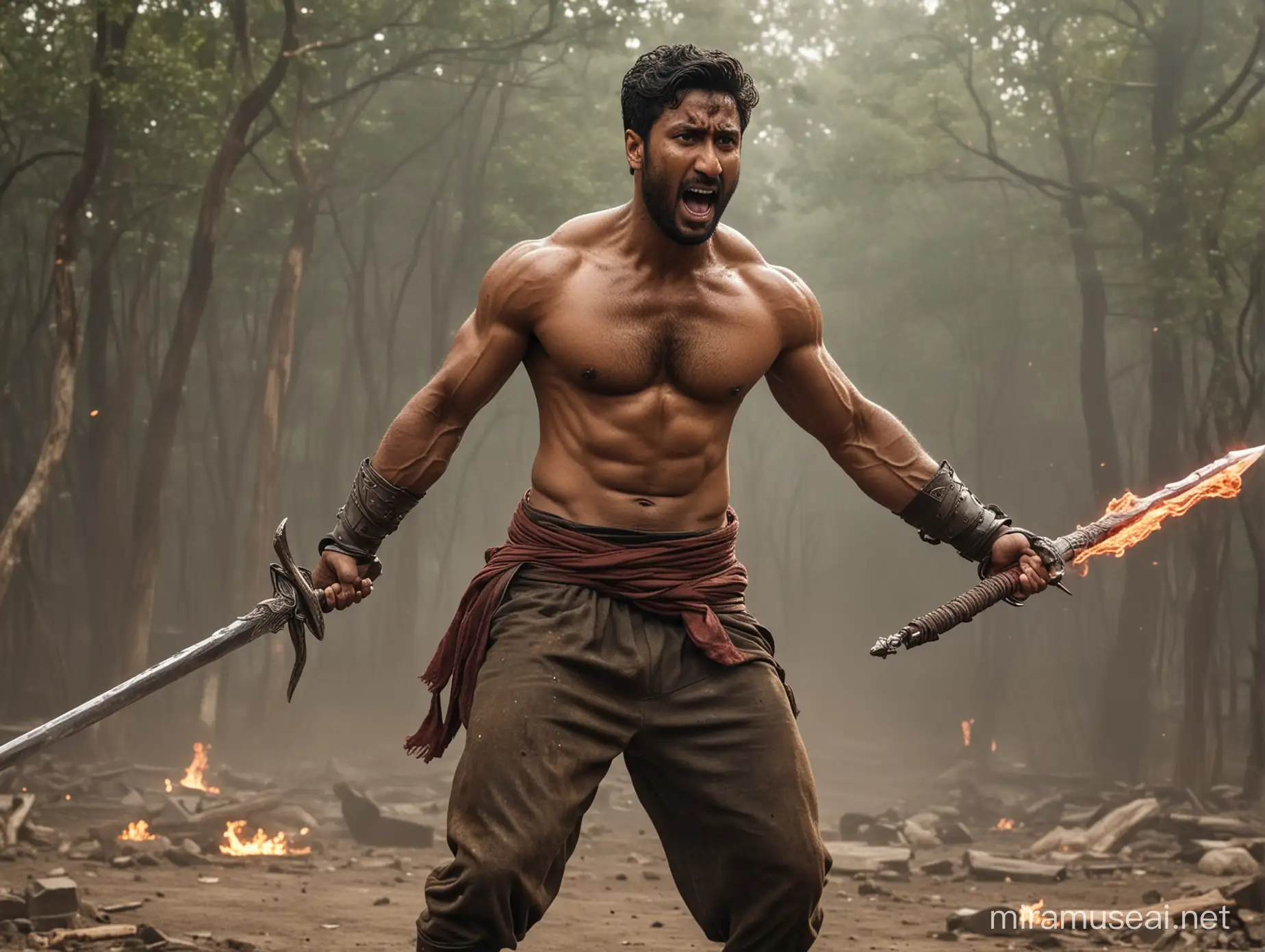 Vicky Kaushal with muscular body. He is bare chested. He is in mid air with a big sword about to kill a demon. He is furious and there is red lightning at the back