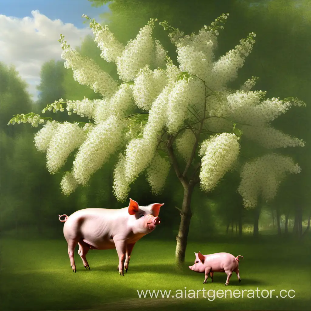Harmony-of-Bird-Cherry-Blossoms-and-Playful-Pigs