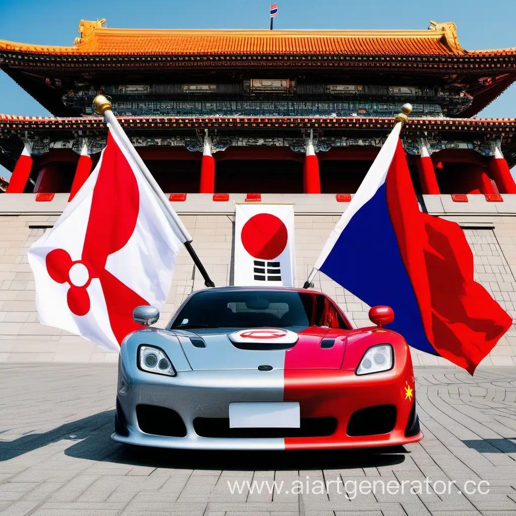 автомобили из японии, кореи и китая на фоне флагов этих государств