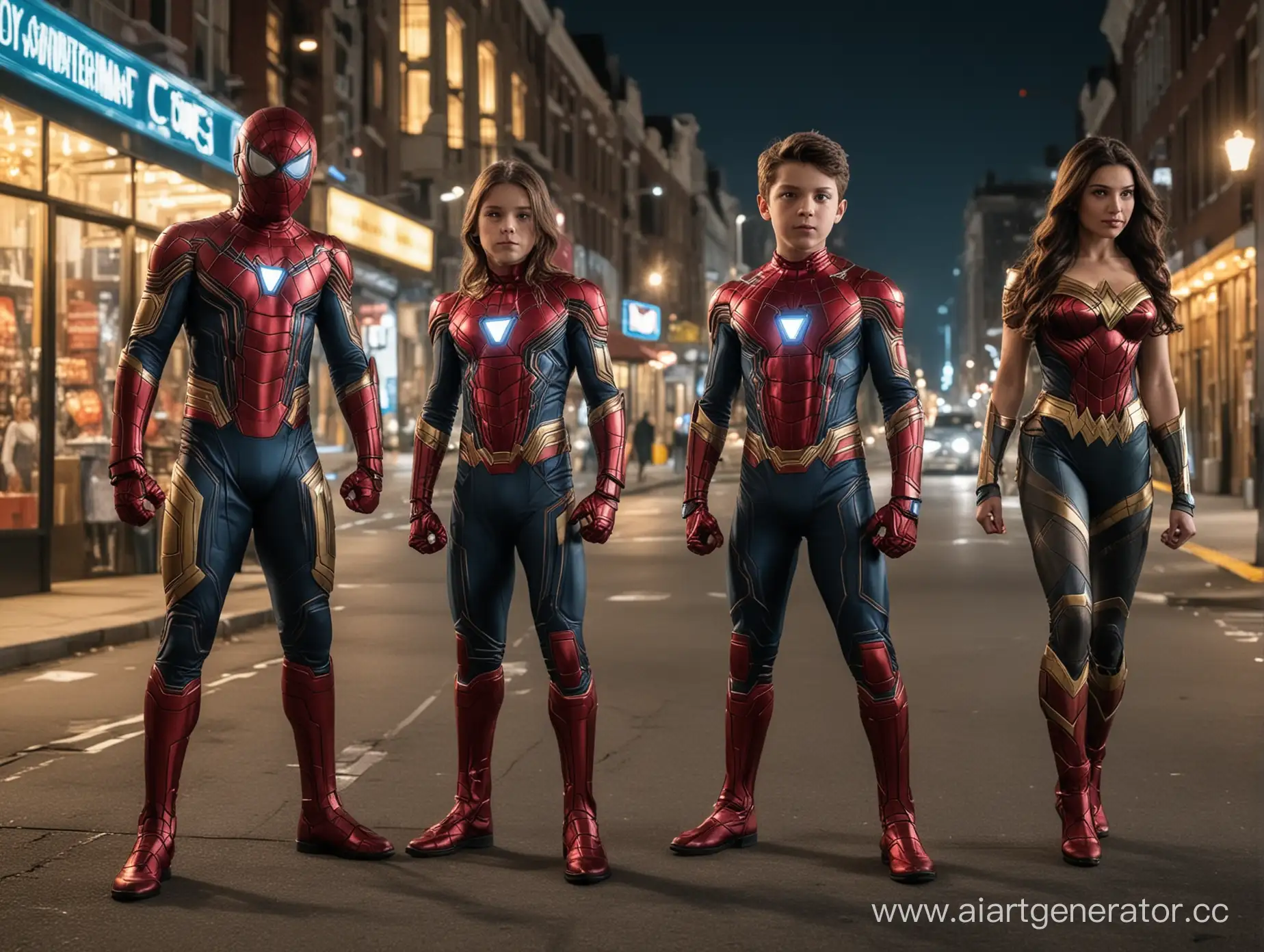 A boy in a spider-man costume and a boy in an iron man costume and a woman in a wonder woman costume background night city