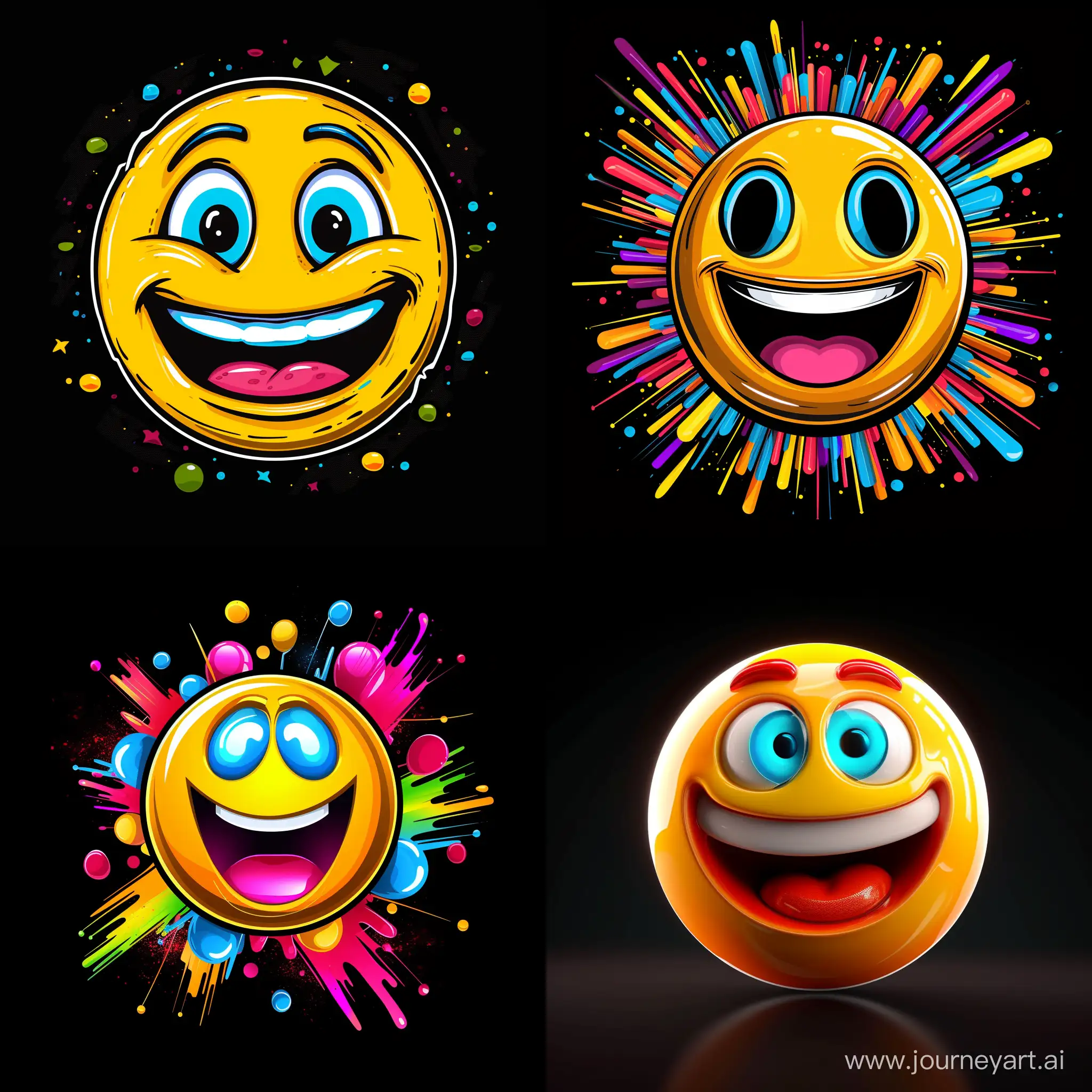 smiling Emoji face , tailored for t-shirt art. The design combines 3D vector art with bright, bold, colorful elements against a black background,