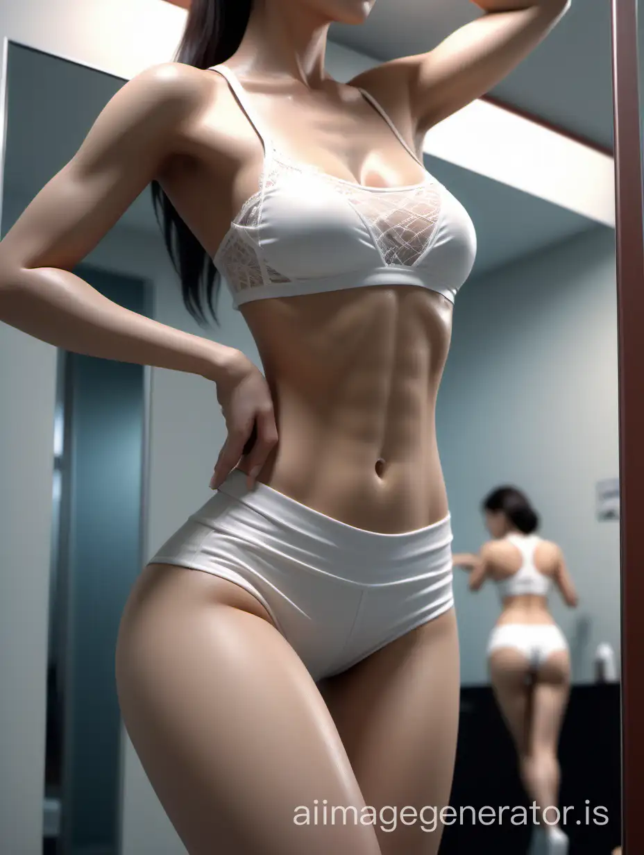 When I went to cheer leading on my way home from work, I felt that my entire body was becoming more toned. She is a beautiful woman looking at her body reflected in the mirror, sexy ivory laced inner style, Japanese, close-up beautiful feminine sharp abs, beautiful legs, full body in image, hyperrealism, 8K UHD, realistic skin texture, imperfect skin, shot with Canon EOS 5D Mark IV, highly detailed.