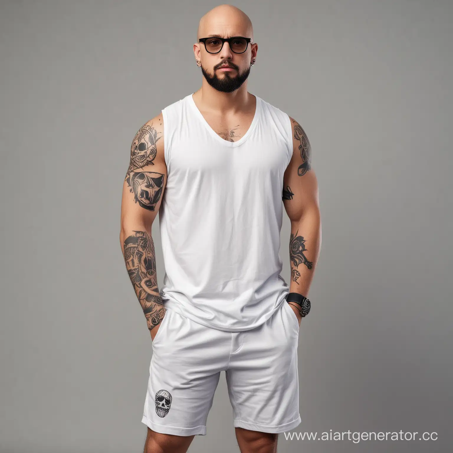 Bald-Man-with-Skull-Tattoo-and-Sneakers-in-White-Shirt