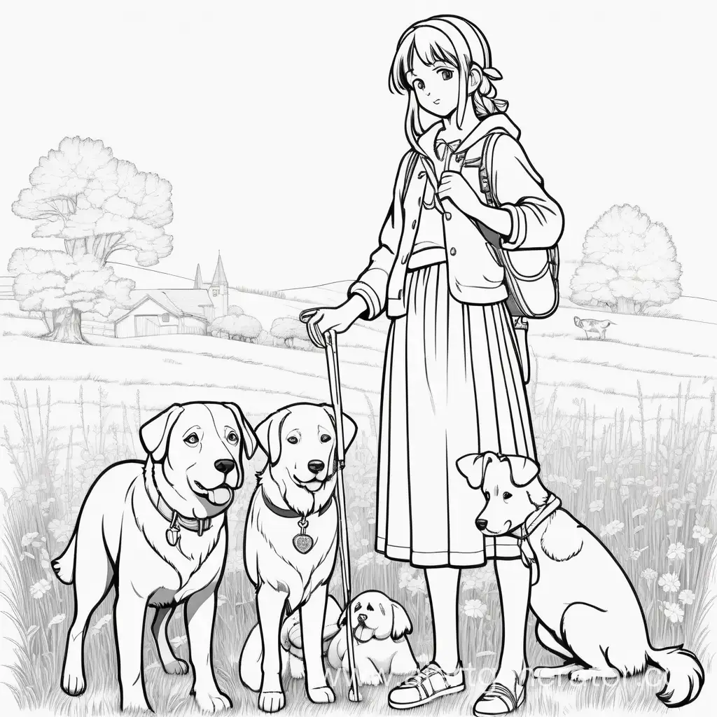 Раскраска контуром черно-белым на белом фоне-девушка  пастушка в полный рост,рядом собака ,стиль аниме