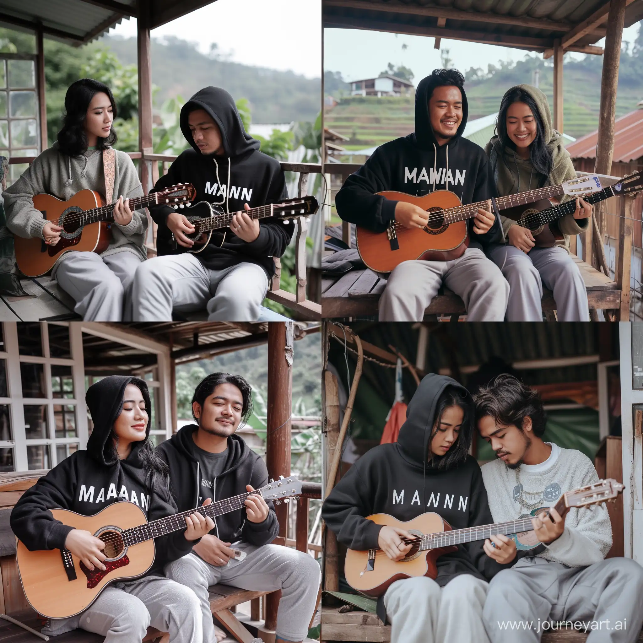 Original and authentic photo of a 20 year old Indonesian woman and man, wearing a black hoodie that says (MAWAN) (IMAGE CREATOR), light gray trousers, sitting on the terrace of a simple house while playing guitar, 16k HD photo quality, clear and bright resolution