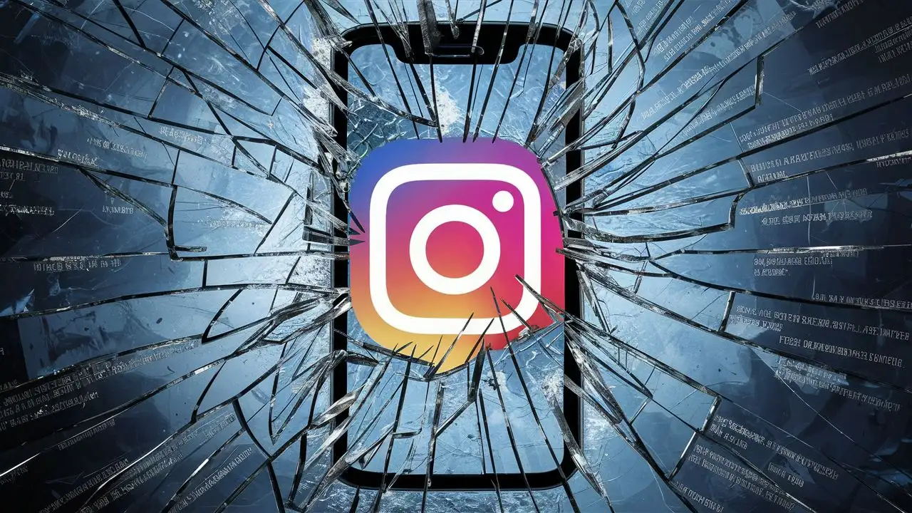 A cracked smartphone screen with an Instagram logo, symbolizing the broken trust and damage caused by fake influencers