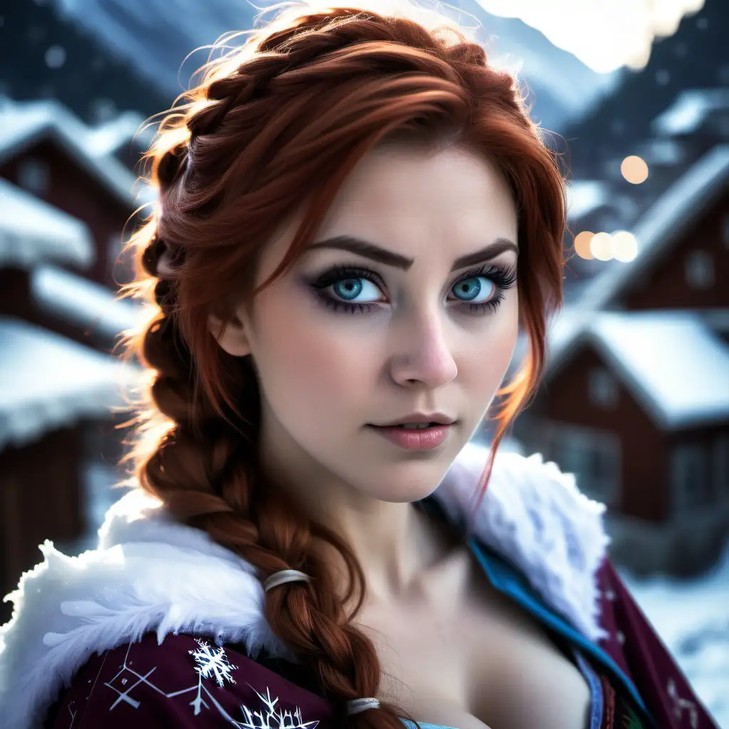 Beautiful Nordic woman, very attractive face, detailed eyes, big breasts, dark eye shadow, messy auburn hair, wearing an Anna from Frozen cosplay costume, close up, bokeh background, soft light on face, rim lighting, facing away from camera, looking back over her shoulder, standing in a snowy mountain village, photorealistic, very high detail, extra wide photo, full body photo, aerial photo