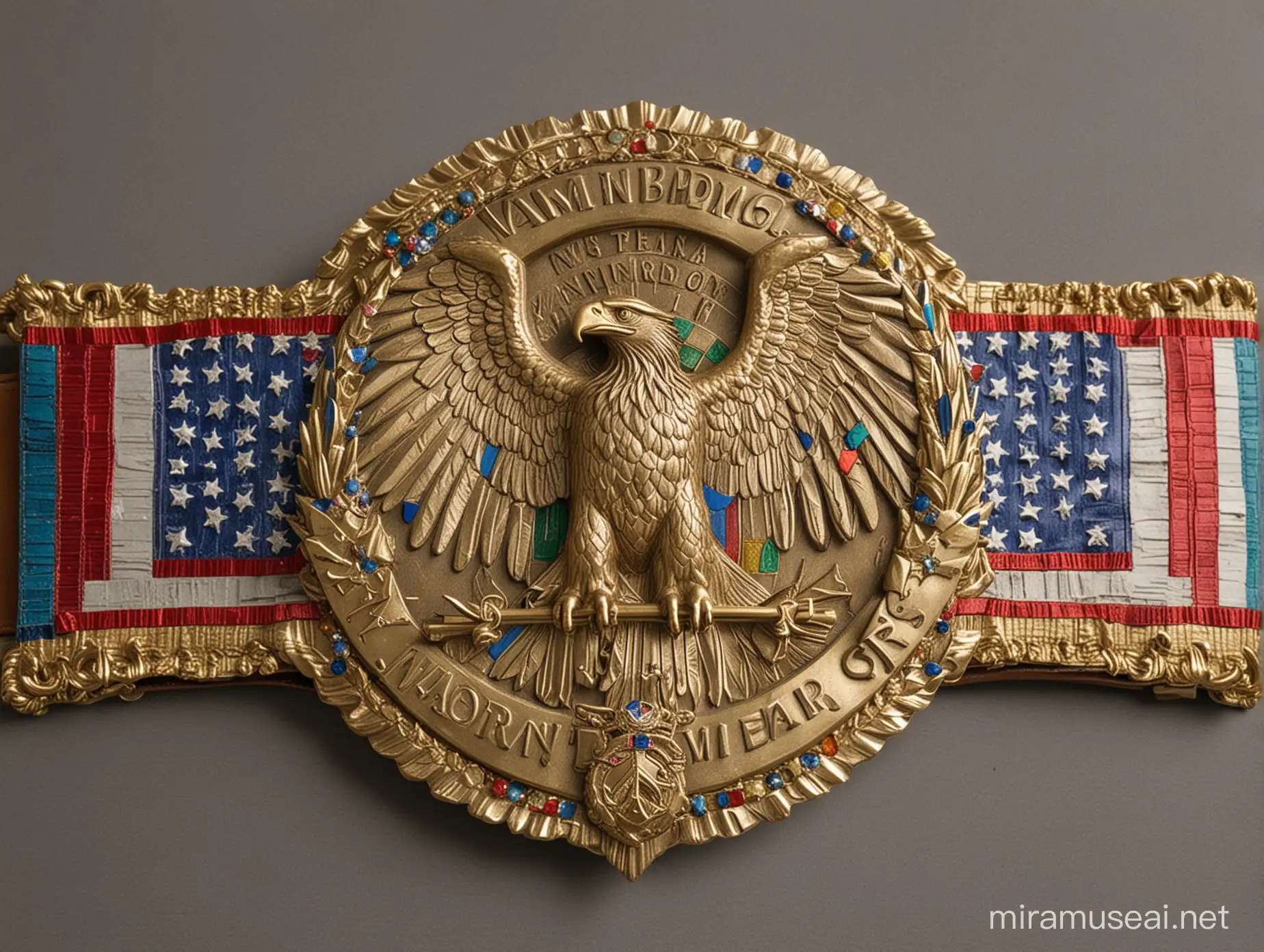 Wrestling champion's belt with rainbow-coloured belt, with central golden eagle-shaped plaque, on the plaque there is the Statue of Liberty with American flag motifs