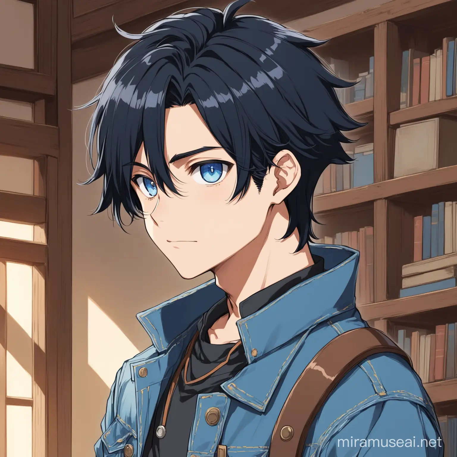 Anime-style artificer boy with black hair, blue eyes, and a denim jacket