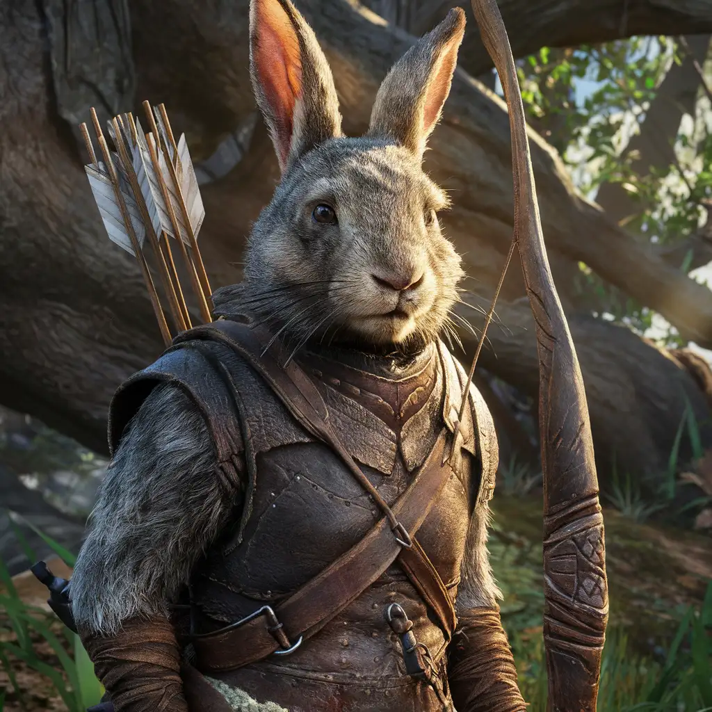 humanoid rabbit ranger who is a grizzled hunter, wearing leather armor