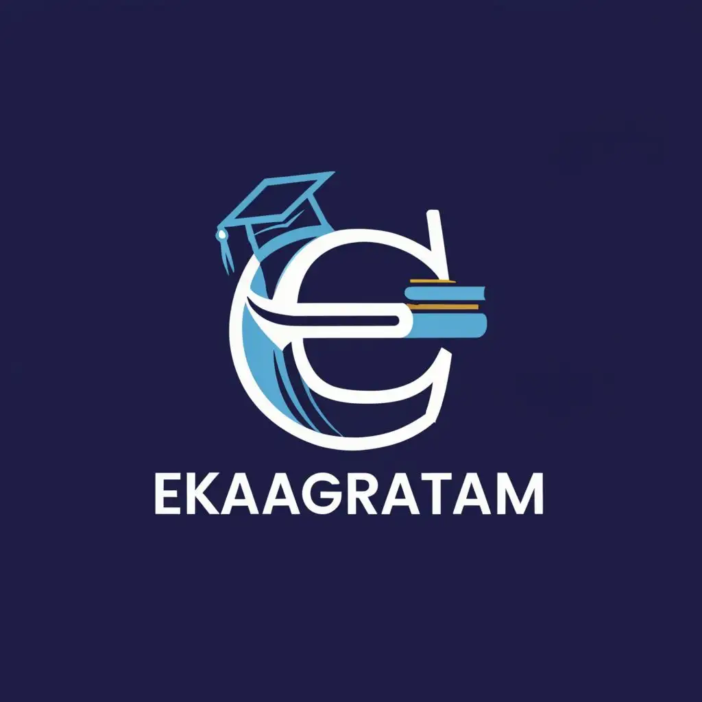 a logo design,with the text "e", main symbol:I want to create a text logo for my study center booking platform called "ekagratam." The logo should incorporate relevant icons to represent key aspects of the platform. Please generate a visually appealing logo that combines the word "ekagratam" with icons related to education, learning, and booking. The logo should have a modern and professional look, with clear and legible text.

Icons to include:
- Book
- Globe
- Calendar
- Graduation Cap
- Magnifying Glass
- User Profile

Style and Tone:
- Clean and modern design
- Professional and trustworthy
- Visually appealing and memorable

Color Palette:
- Primary: Deep Blue
- Secondary: Light Blue
- Accent: Pale Blue
- Neutral: White

Additional Instructions:
- Ensure that the text "ekagratam" is clearly readable and prominent in the logo.
- Experiment with integrating the icons creatively with the letters of the word "ekagratam" while maintaining readability.
- Use the specified color palette to create a cohesive and visually appealing design that aligns with the platform's branding.,complex,clear background