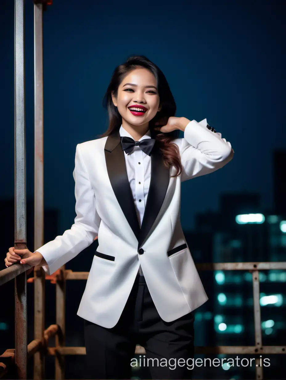 Sophisticated-Indonesian-Woman-in-White-Tuxedo-Smiling-on-Scaffold-at-Night