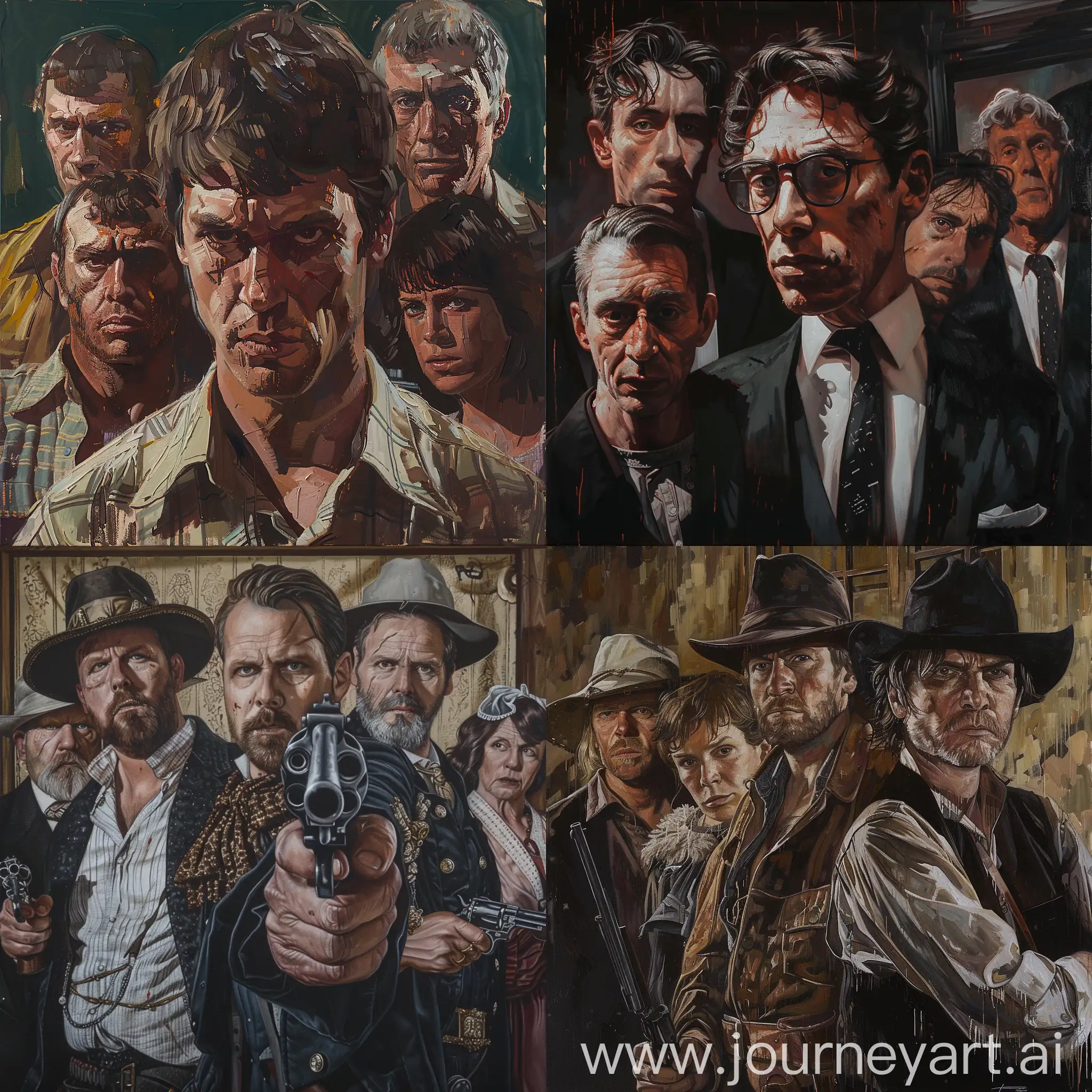 Superdetailed Ryan J Ebelt style oilpainting of the killtony cast with William Montgomery in the focus