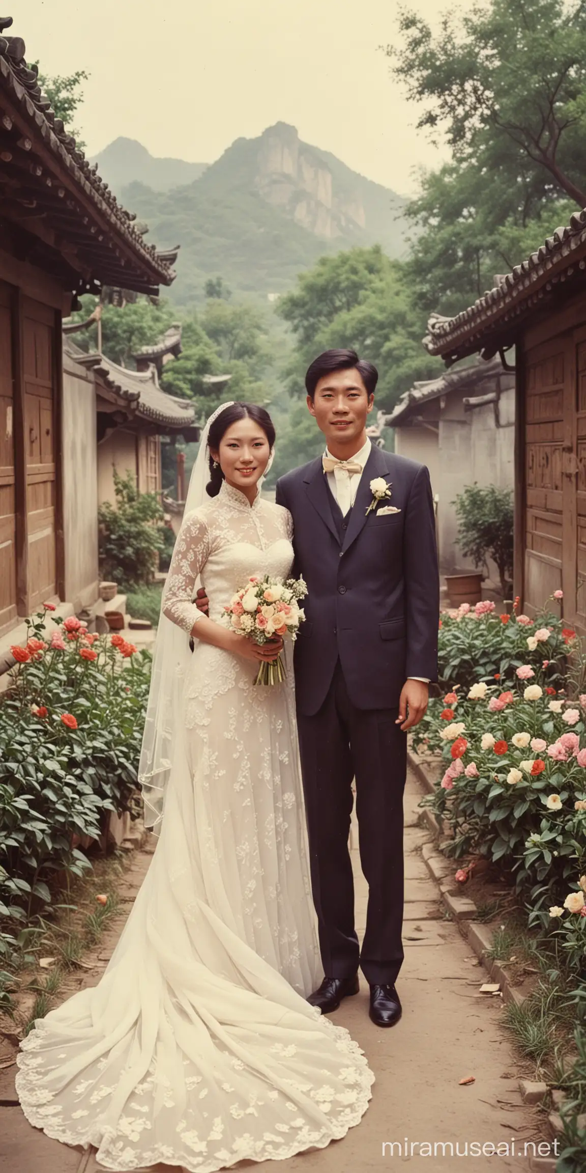 Vintage Chinese Wedding 1970s Newlyweds in Traditional Attire