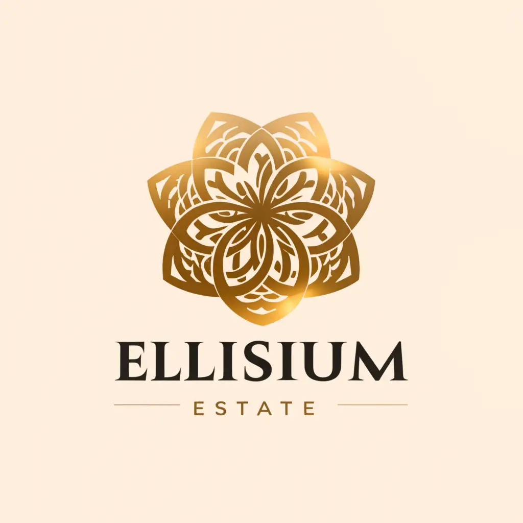 a logo design,with the text "Ellisium Estate", main symbol:flower, round, sacral geometry, mystic, mandala,Minimalistic,be used in Religious industry,clear background, golden color