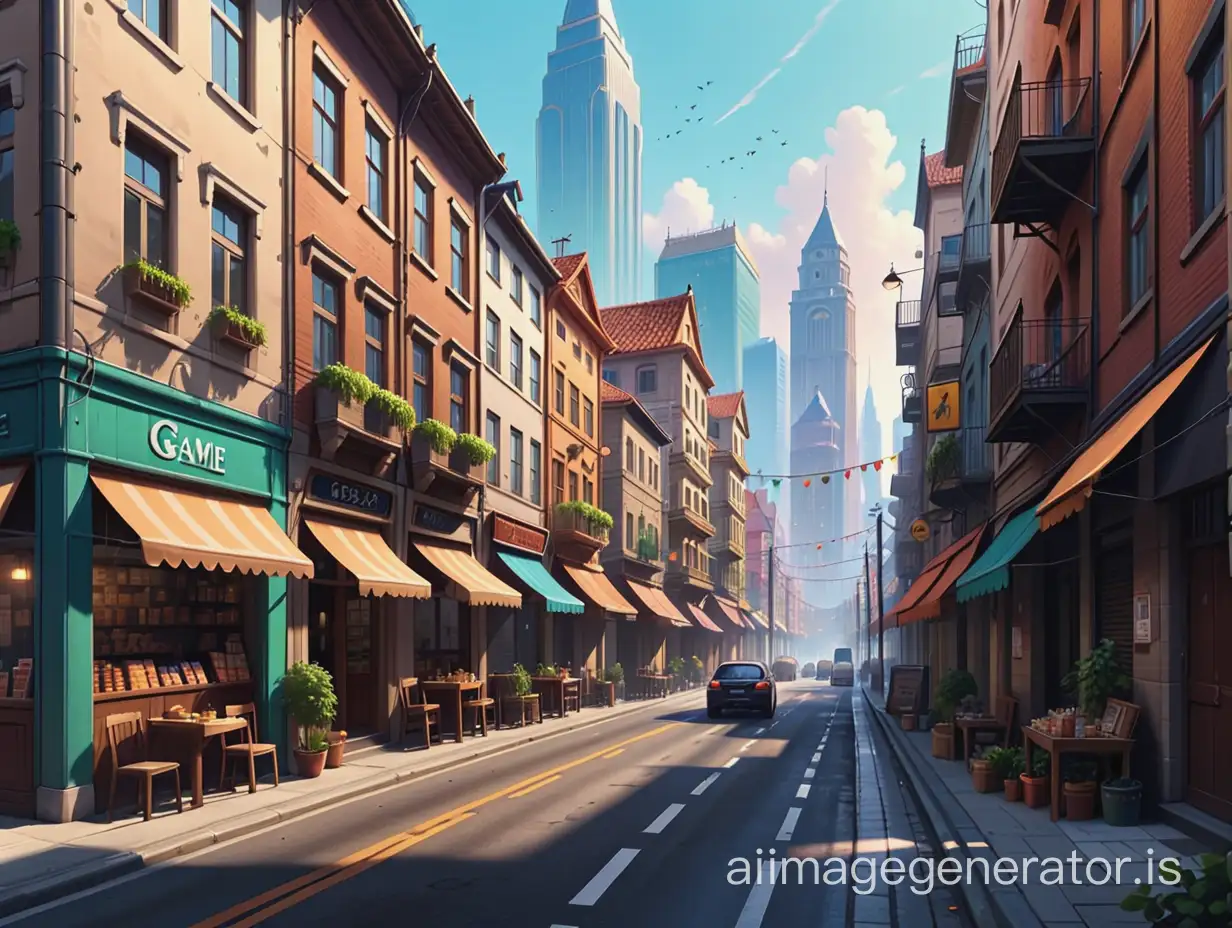 close-up view street with buildings, stuff everywhere, multiple stuff in street, realistic 2d , game background, architecture, 2d art, game illustration