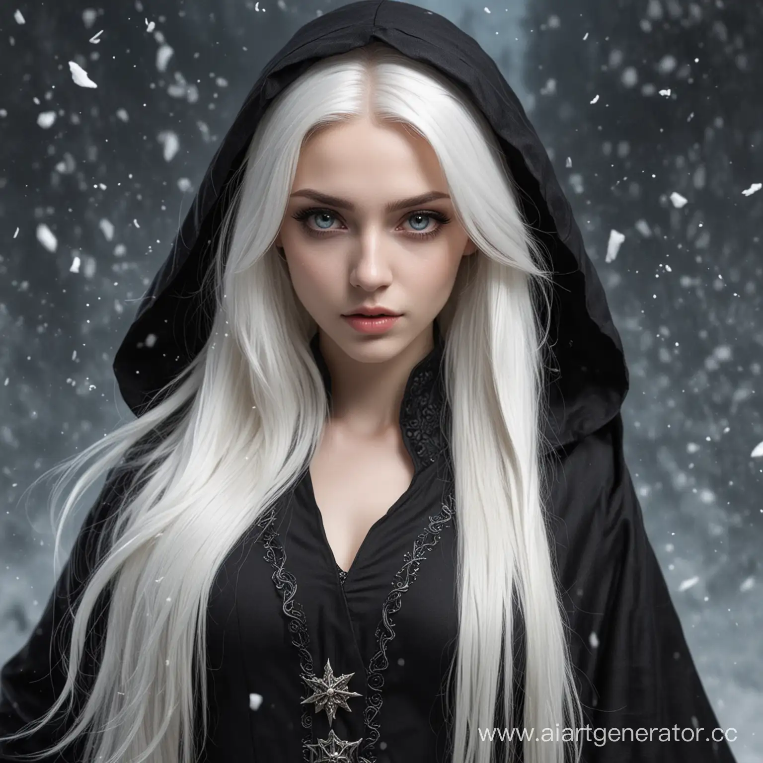 Aasimar girl sorceress in black clothes and ash with snow-white long hair and white eyes without pupils