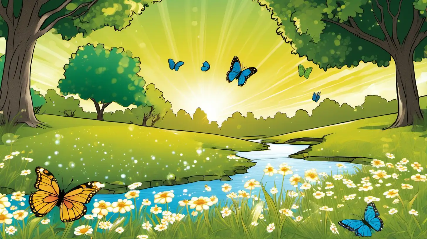 cartoon of a grassy field filled with flowers under a shade tree beside a bubbling water brook with butterflies and sunshine in the sky in the distance