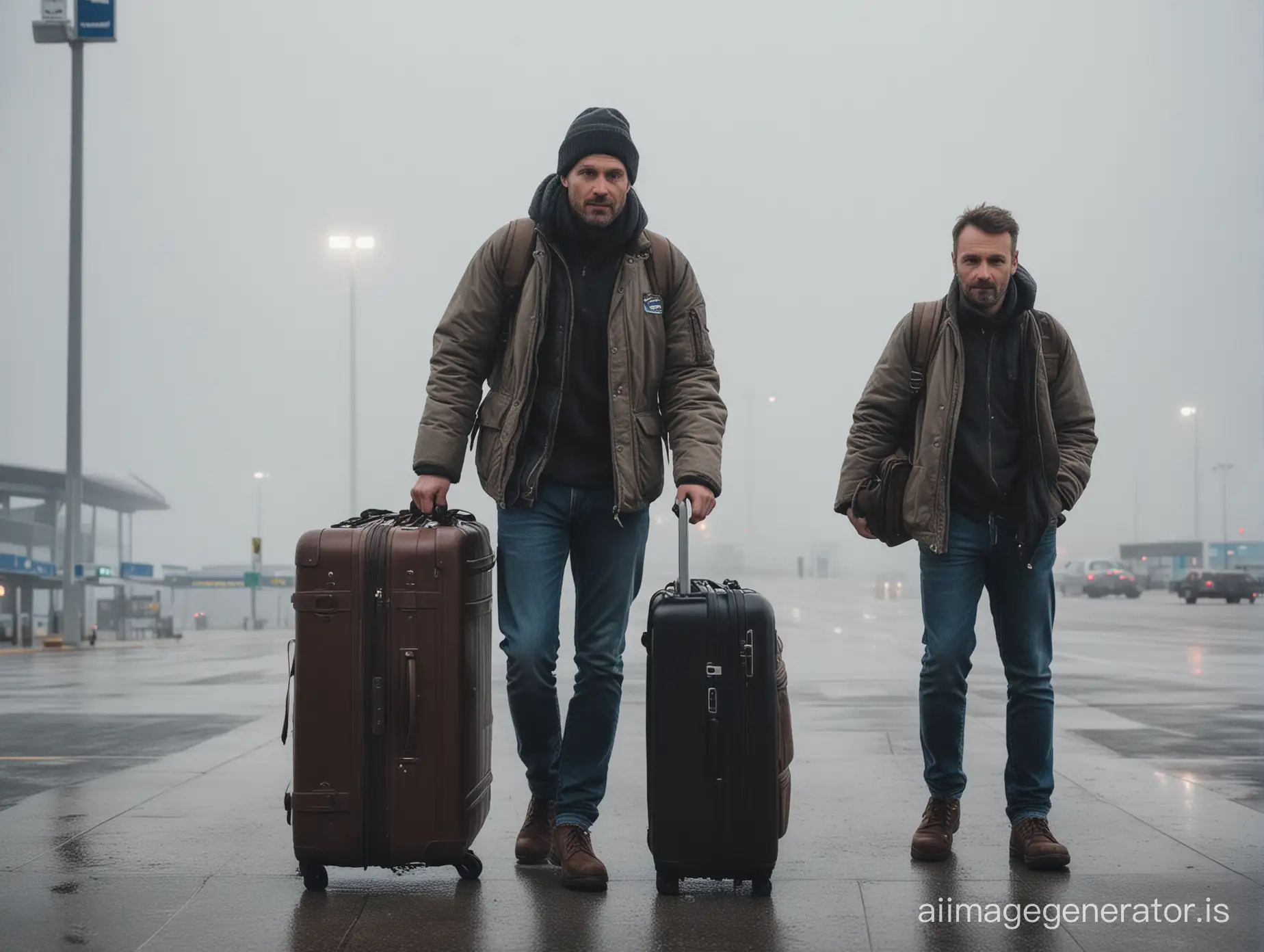 A man standing outside of the airport. It is early morning. Fog and cold weather. He is standing with his baggage.