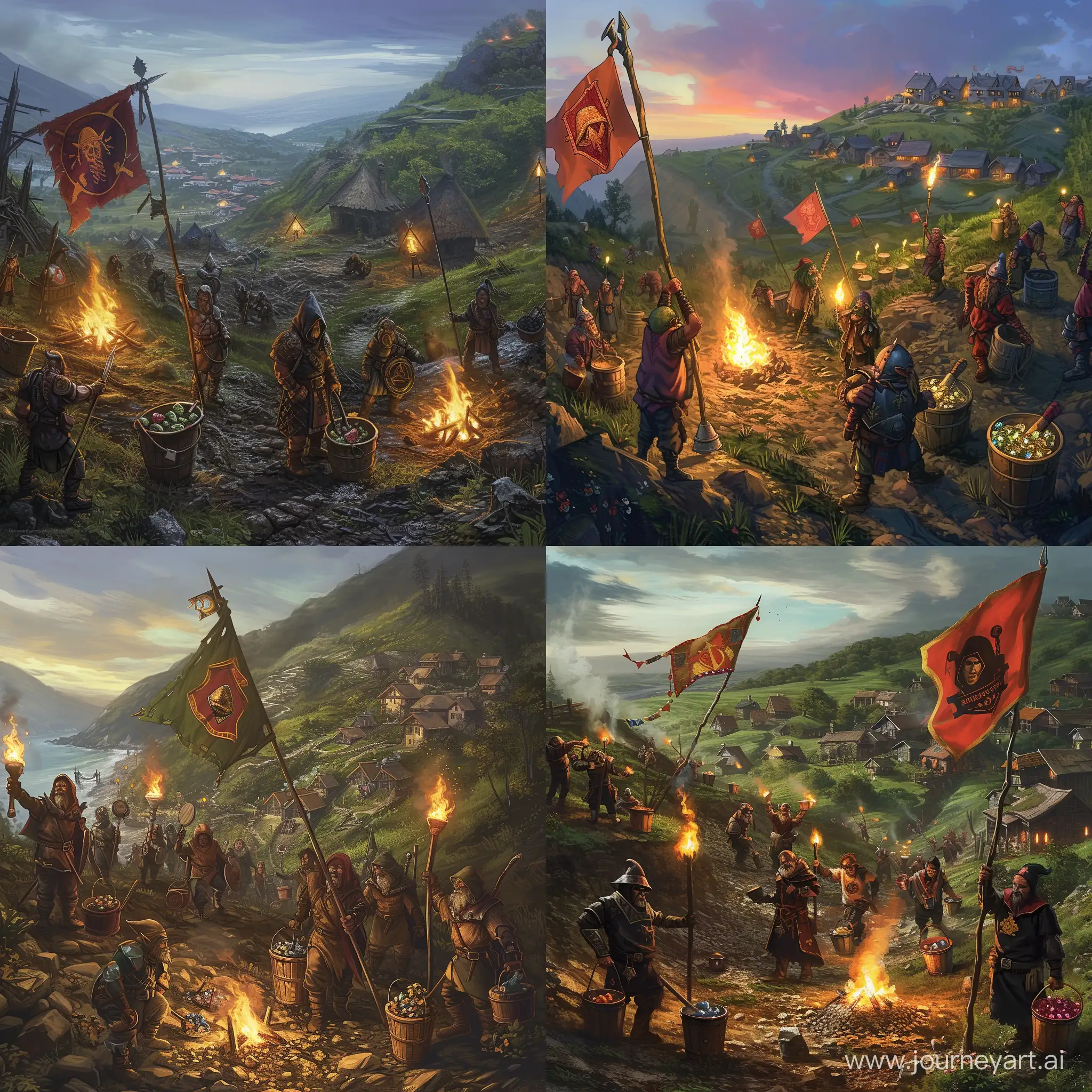 a fantasy world, hilly terrain near an affluent town, a collection of miners made up of dwarves humans and elves, buckets full of precious gems, some militant miners holding flags with an image of a hood emblazoned on them, torches and campfires