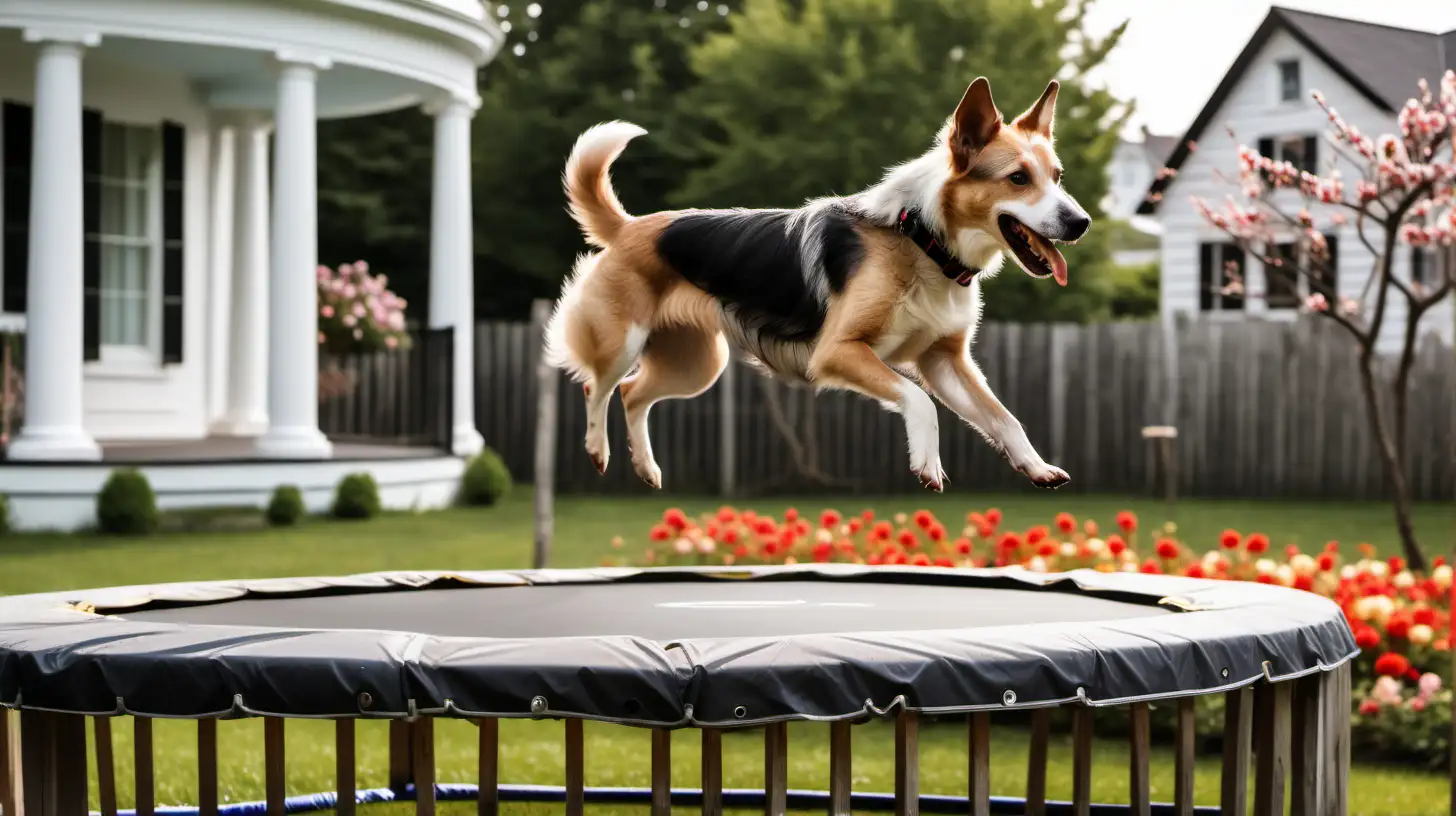 Cão rafeiro a saltar num trampolim com uma grade de madeira à volta. O trampolim está colocado num jardim com flores e no fundo está uma casa branca com o telhado vermelho