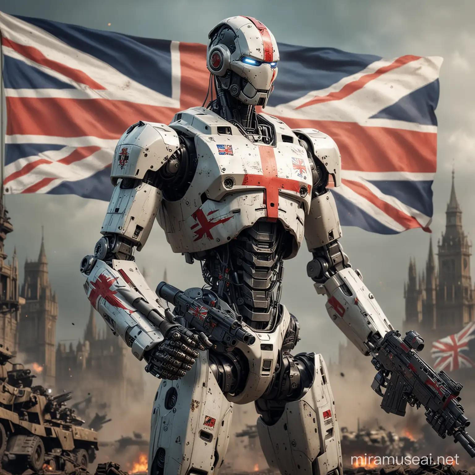 Robotic Representation of England Tough and Aesthetic Mech with Great Britain Flag in War Background