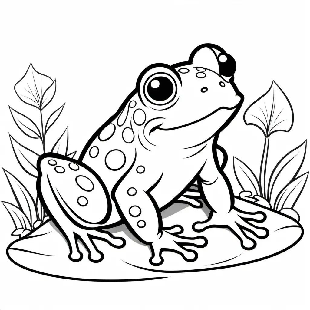 A cartoon illustration in black and white line art, of  a Frog. The style is cute Disney with soft lines and delicate shading. Coloring Page, black and white, line art, white background, Simplicity, Ample White Space. The background of the coloring page is plain white to make it easy for young children to color within the lines. The outlines of all the subjects are easy to distinguish, making it simple for kids to color without too much difficulty, Coloring Page, black and white, line art, white background, Simplicity, Ample White Space. The background of the coloring page is plain white to make it easy for young children to color within the lines. The outlines of all the subjects are easy to distinguish, making it simple for kids to color without too much difficulty