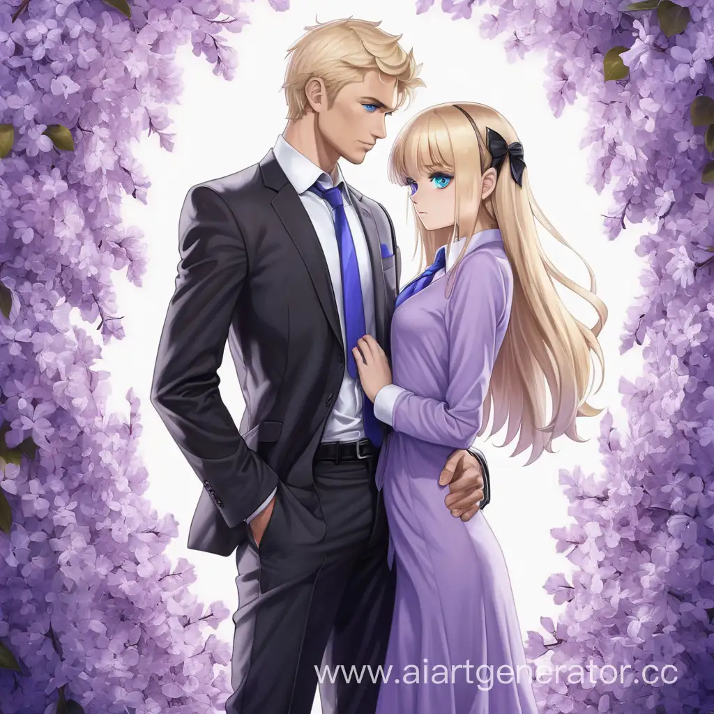 Romantic-Couple-Embracing-BlueEyed-Blonde-Girl-in-Lilac-Dress-and-Tall-Brunette-Man-in-Black-Suit