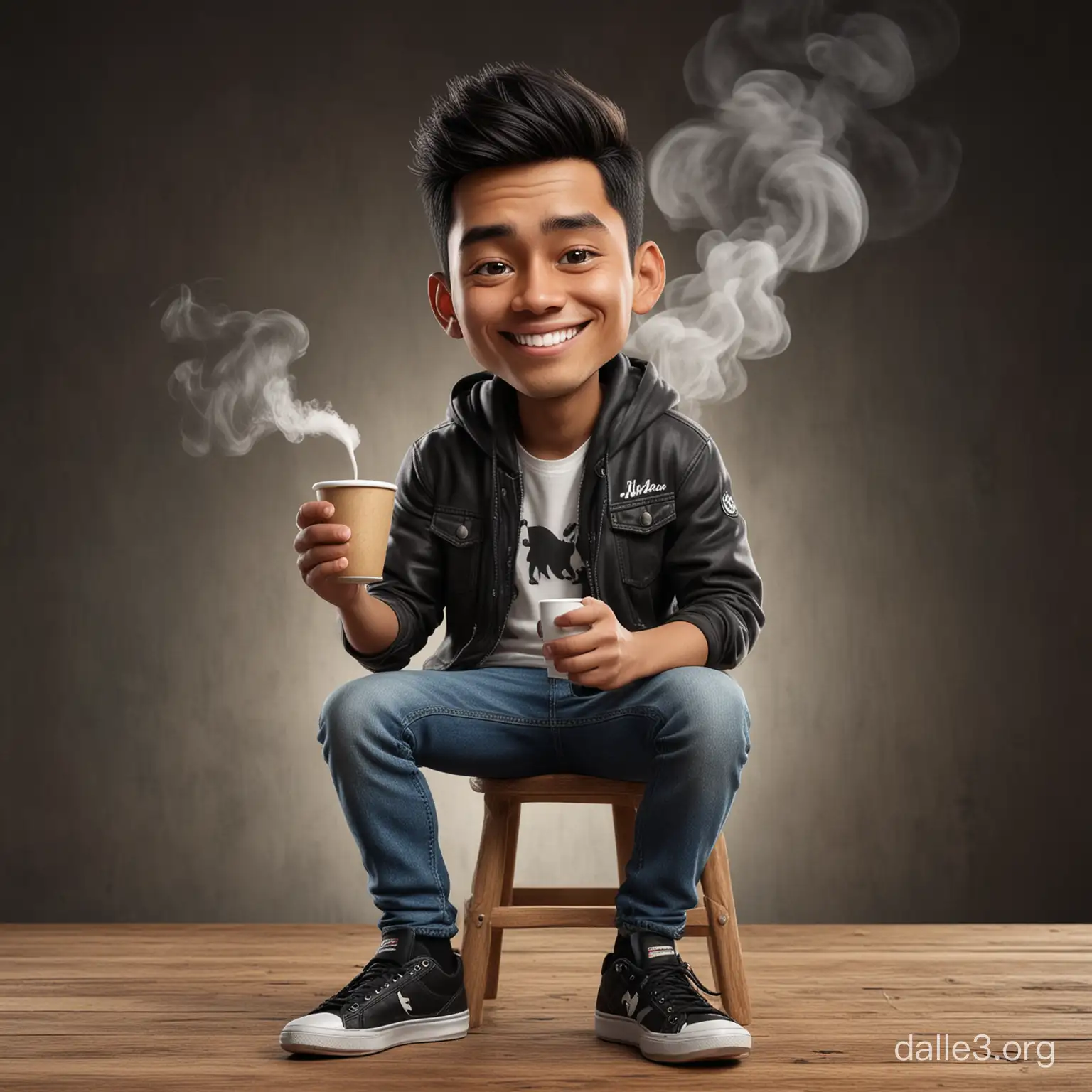 Realist 3D caricature, a young man, Indonesian face, wearing a black jacket that says "HNI", wearing jeans trousers, wearing sneakers, sitting on a wooden chair, smiling, while carrying a cup of warm coffee, smoke effect, black rustic photography background, UHD , hasselblad X1D II 50c Camera, iso 200