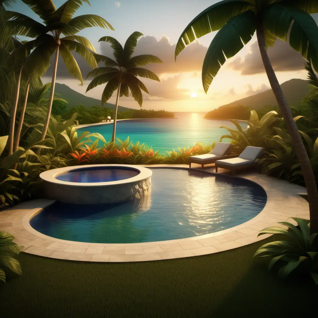 Develop an enticing and immersive tropical background image for 'For the Love of Money,' showcasing a vibrant Jamaican landscape with added elements of an oval pool and a picturesque sunset. Craft a lush and inviting tropical scene that includes dense foliage, vibrant flora, and iconic Jamaican landmarks, ensuring a sense of beauty and dynamism in the setting. Incorporate an oval-shaped pool seamlessly into the landscape, positioning it strategically within the scene to enhance the visual appeal and add a touch of luxury and relaxation. Additionally, introduce a stunning sunset as a focal point, creating a captivating sky with warm hues that complement the tropical surroundings. Aim for a realistic portrayal of the sunset's colors and gradients, evoking a sense of tranquility and romance. Ensure that the elements blend harmoniously within the landscape, offering a visually striking and inviting portrayal of a tropical paradise. Pay attention to detail and lighting to convey a realistic atmosphere, inviting viewers to immerse themselves in the allure of this beautiful Jamaican setting make it a wide shot add more tile design infront pool for standing make it a low angle shot lower from pov make it less reflective of the sun
more of a brighter look 1pm, now add a wooden pathway or of pool
