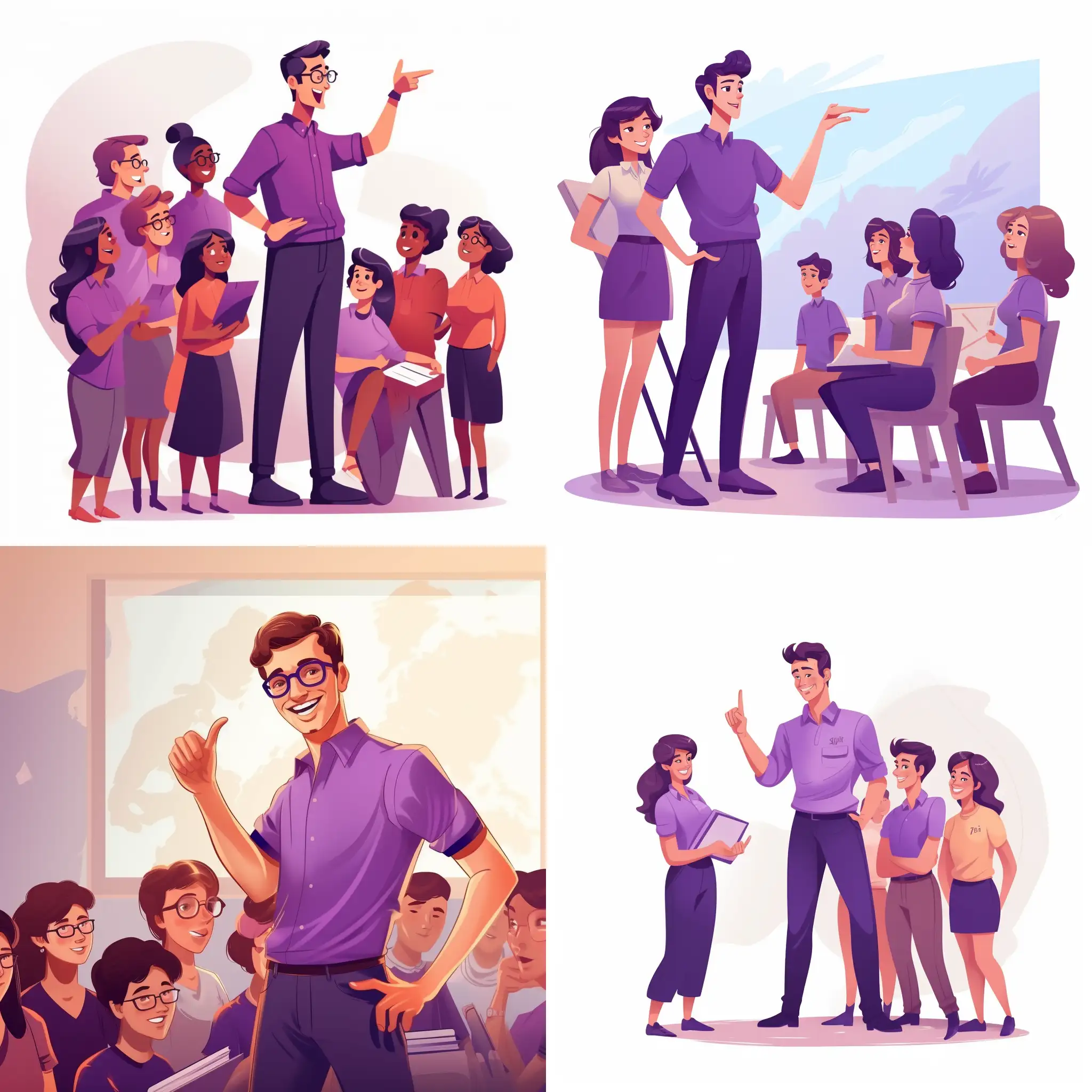 молодые люди учителя в фиолетом поло в мультяшном стиле на просторах школы указывает на подсказки


