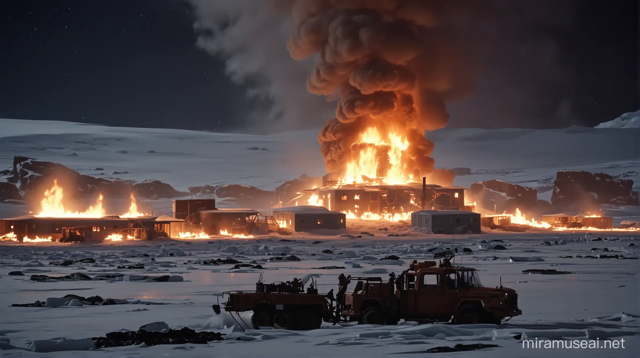 cinematic still, film by john carpenter, the thing, antarctica, night, buildings on fire in background