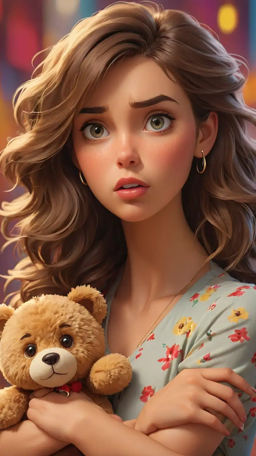 An american woman in her 20's is holding a beautiful ring and a teddy bear doll. She is shocked and look sad. Hyper Realistic.Vector style. Vibrant, medium colorful background.An american woman in her 20's is holding a beautiful ring and a teddy bear doll. She is shocked and look sad. Hyper Realistic.Vector style. Vibrant, medium colorful background.