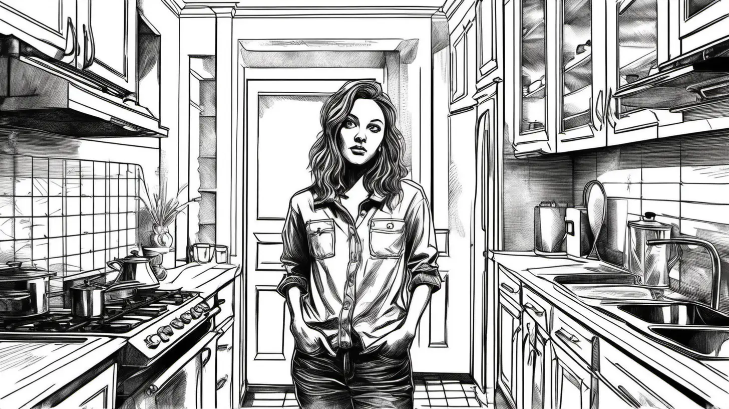 A close up front view of a young woman standing in a kitchen in a black and white sketch style