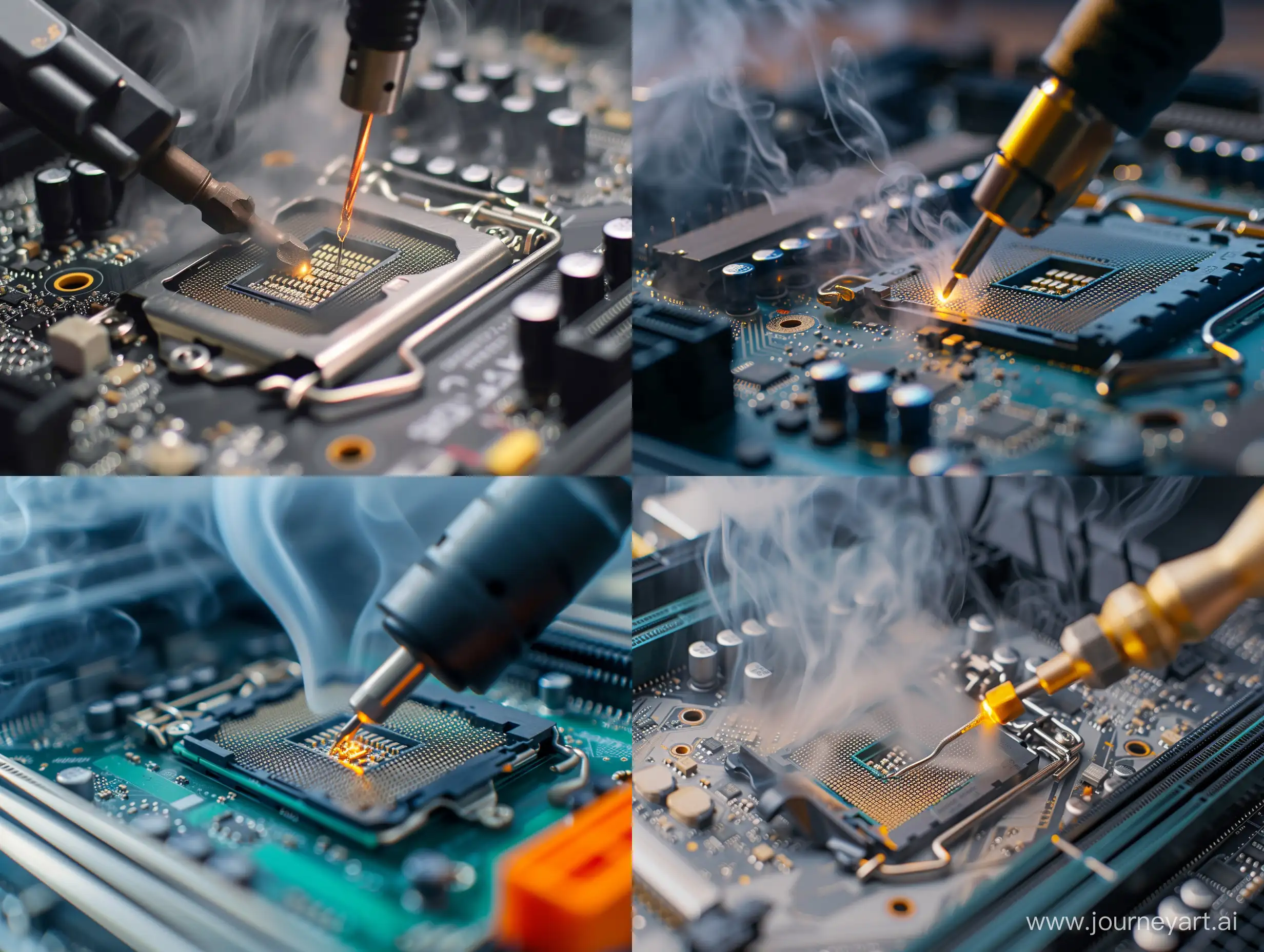 close-up, motherboard and soldering iron, smoke