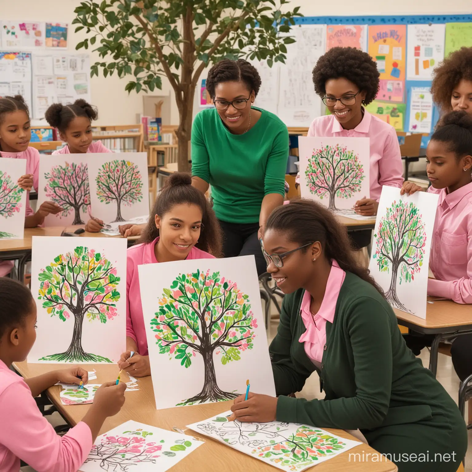 Black ladies dressed in pink and green drawing pictures of tree art on posters with young, black students  and their teachers in a  brightly lit school setting 