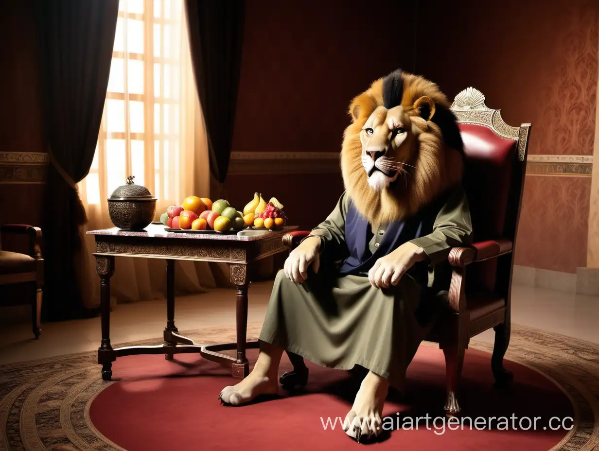 Offis room, a lion sitting in a chair like a man, barra meat and fruits on the table, lion hair combed back, Ottoman Palace, Warm Light. Clothes of the Ottoman Empire. Ottoman Palace, Warm Light  