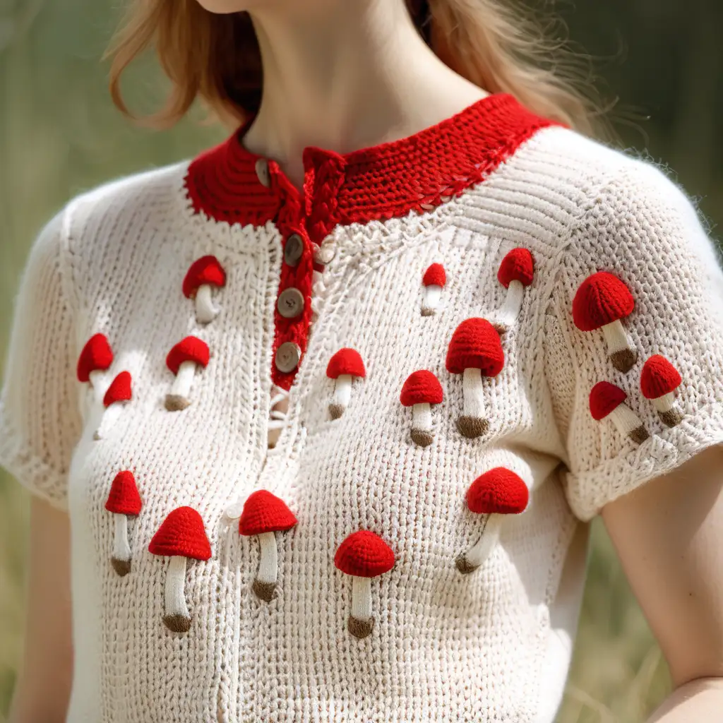güneşli bir günde tığişi el örgüsü bluz üzerinde ,minik mantar işlemelerinin olduğu soft kırmızı crochet bluz 